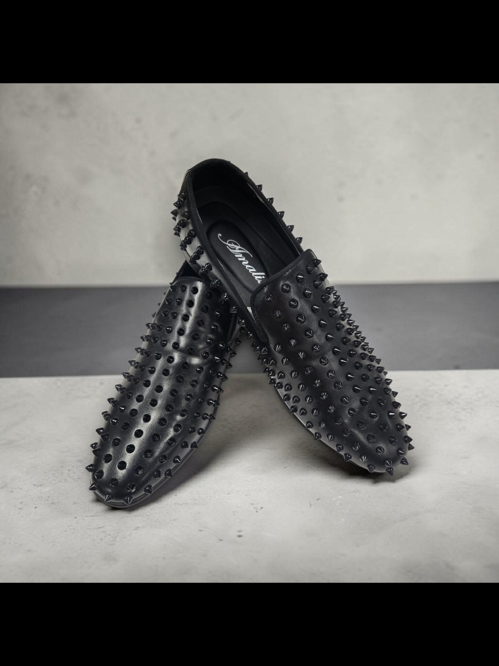 AMALI MENS BLACK VINTAGE SPARKLE SPIKE FORMAL TUXEDO SLIP ON DRESS SHOE. 8.5D
